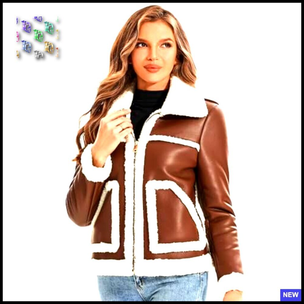Faux Shearing Moto Jacket Thick Fur Lined Coat Sherpa Leather Chic - Picture 2 of 7